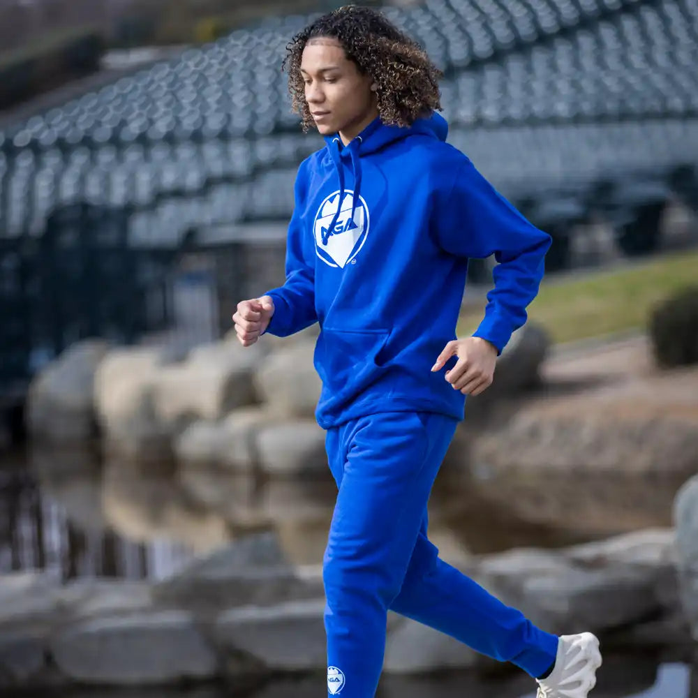 Blue hooded tracksuit.