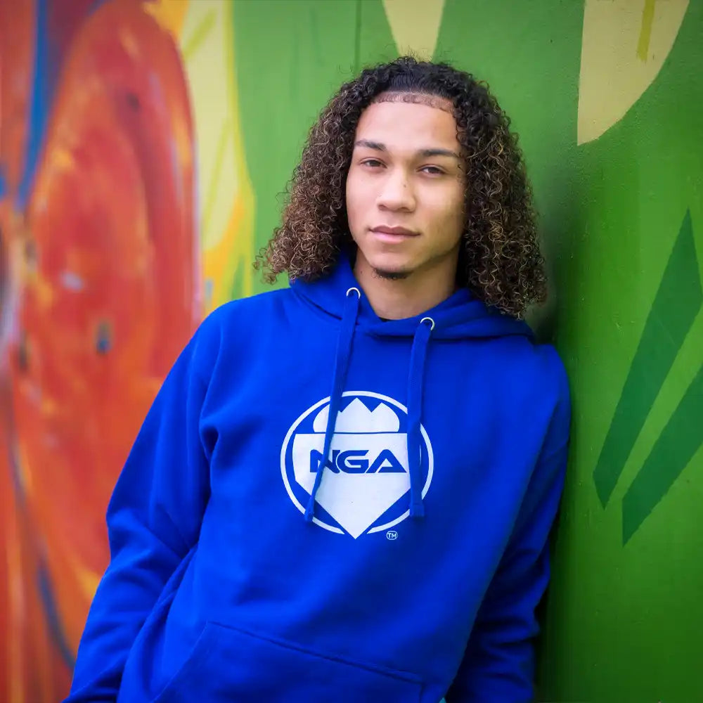 Blue hoodie with white logo.