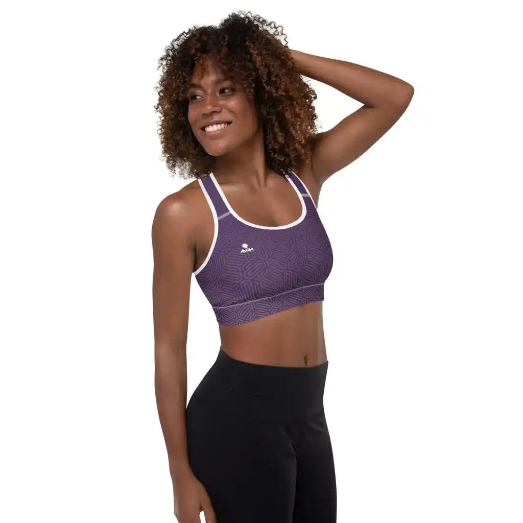 Purple patterned sports bra.