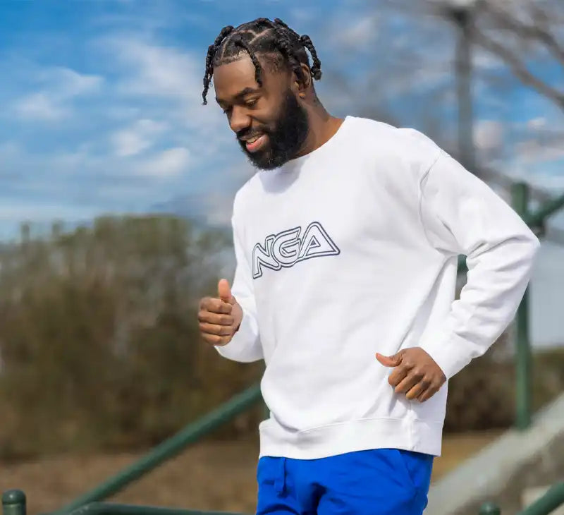 White sweatshirt with logo.